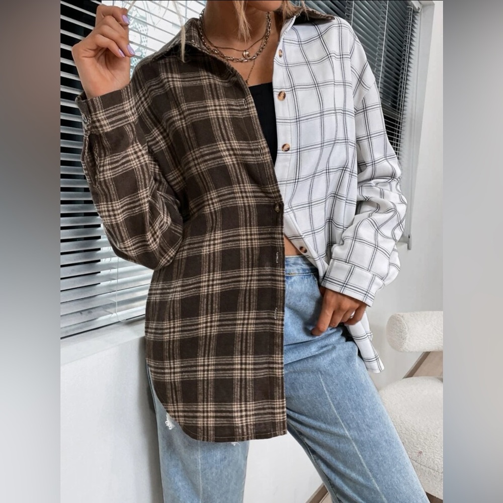 Two Pattern Plaid Blouse-Button Down